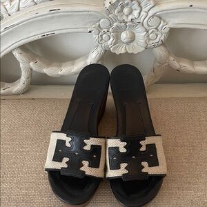 Tory Burch Black and Cream Woven Logo Slide Mules